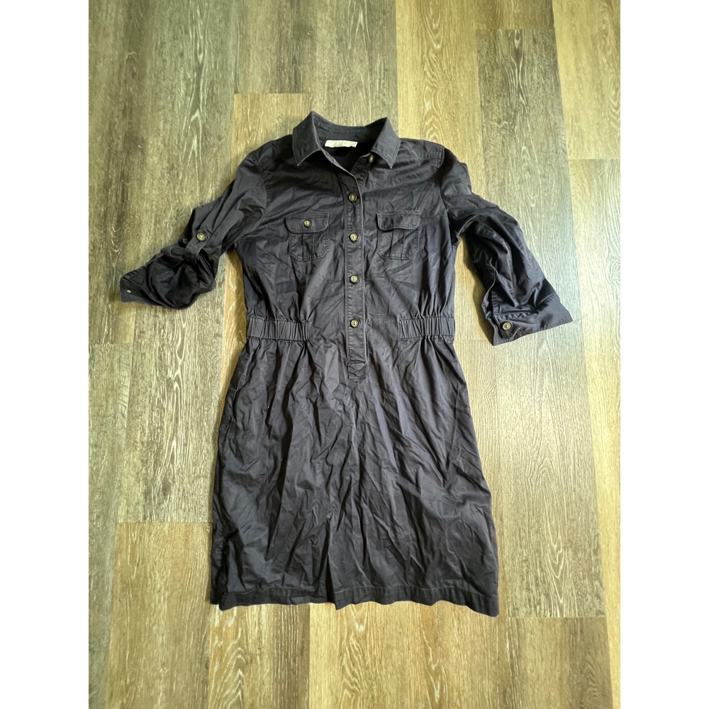 Ann Taylor LOFT Shirt Dress‎ Womens Medium Black Utility Roll Tab Sleeve Pocket